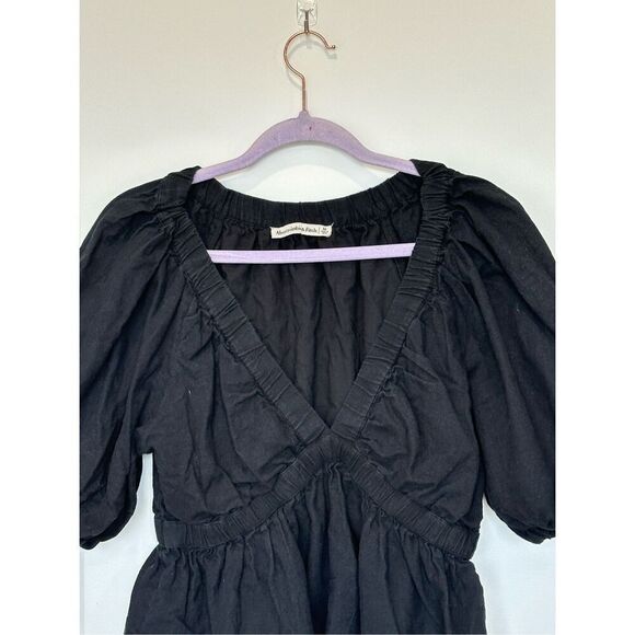 Abercrombie & Fitch Black V-Neck Puff Sleeve Top Linen Blend Size Medium - Picture 2 of 8
